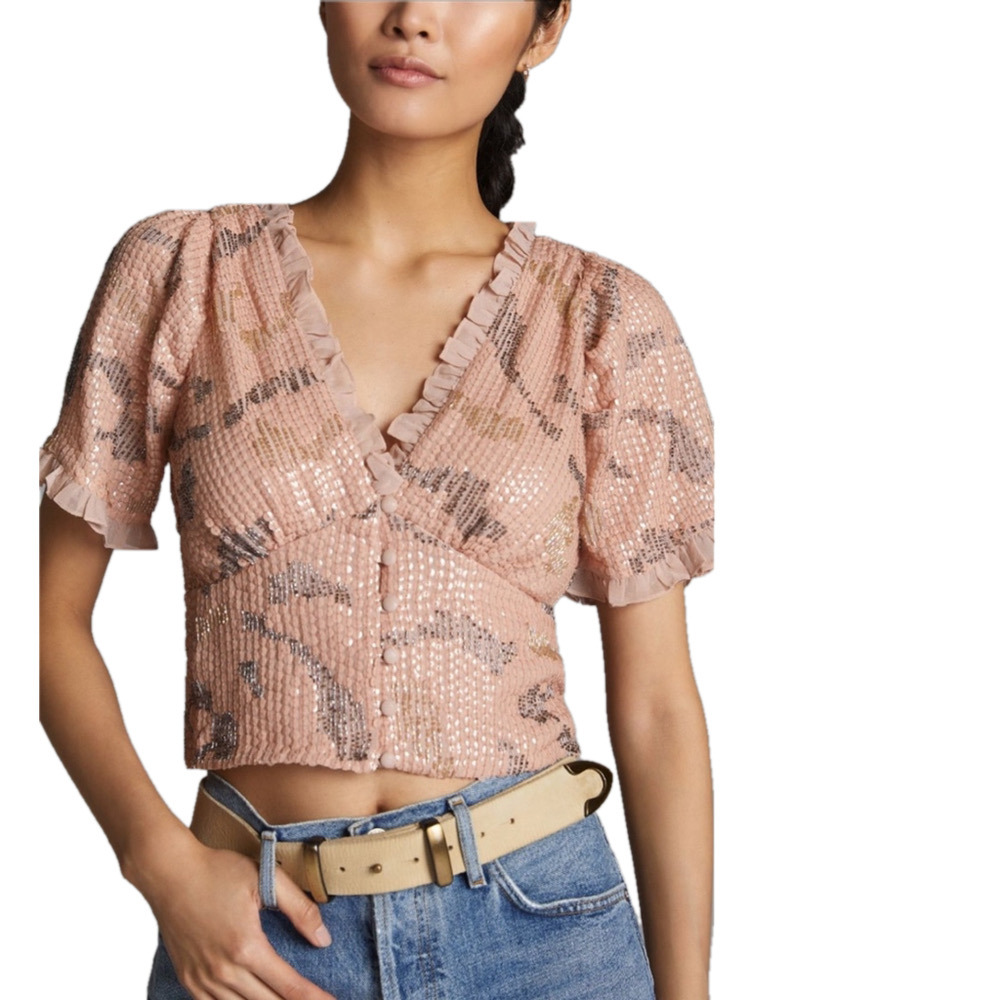 🌿Women's Free People Sequined V-neck Blouse, size Small, pale Pink🌿